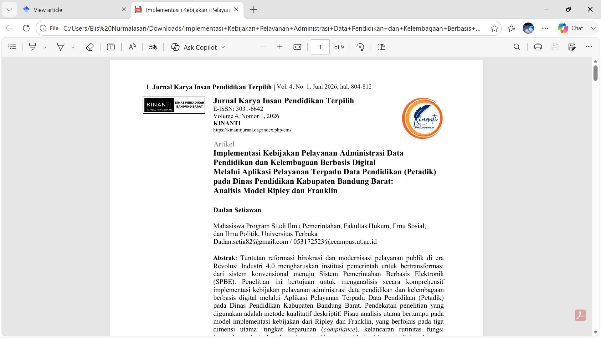 Implementasi Kebijakan Pelayanan Administrasi Data Pendidikan dan Kelembagaan Berbasis Digital Melalui Aplikasi Pelayanan Terpadu Data Pendidikan (Petadik) pada Dinas Pendidikan Kabupaten Bandung Barat: Analisis Model Ripley dan Franklin
